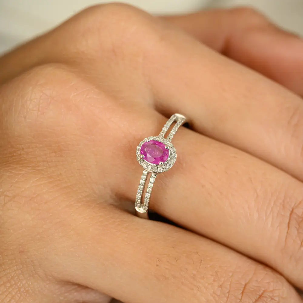 Prong Setting Ruby & Diamond 14K White Gold Split Shank Ring For Women Minimal Jewelry