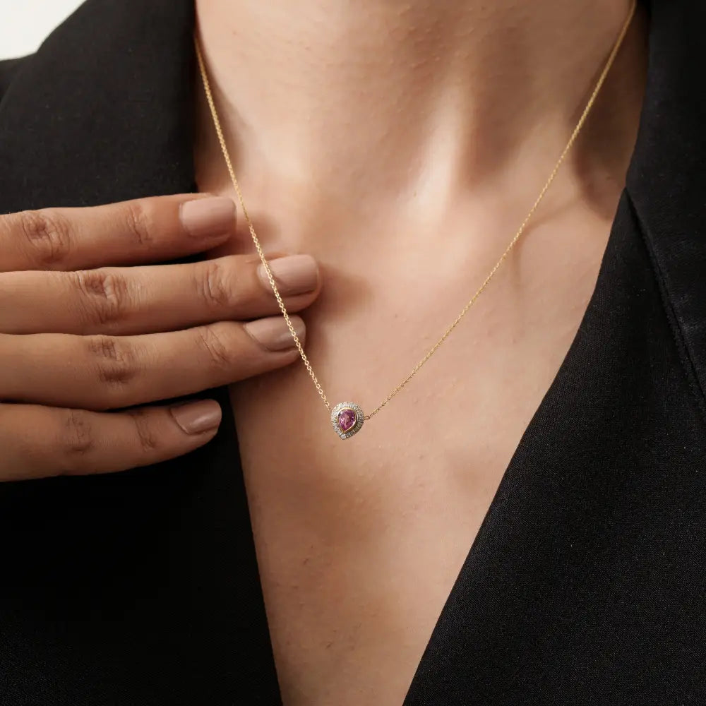 Bezel Set Pink Sapphire & Diamond K18 Real Yellow Gold Solitaire Halo Pendant Necklace