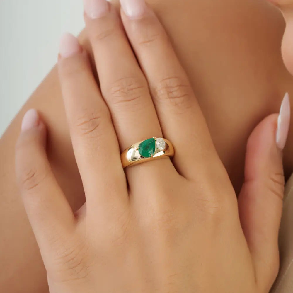 Bold Jewelry Genuine Emerald & Diamond Toi et Moi Statement Dome Ring For Men's Jewelry