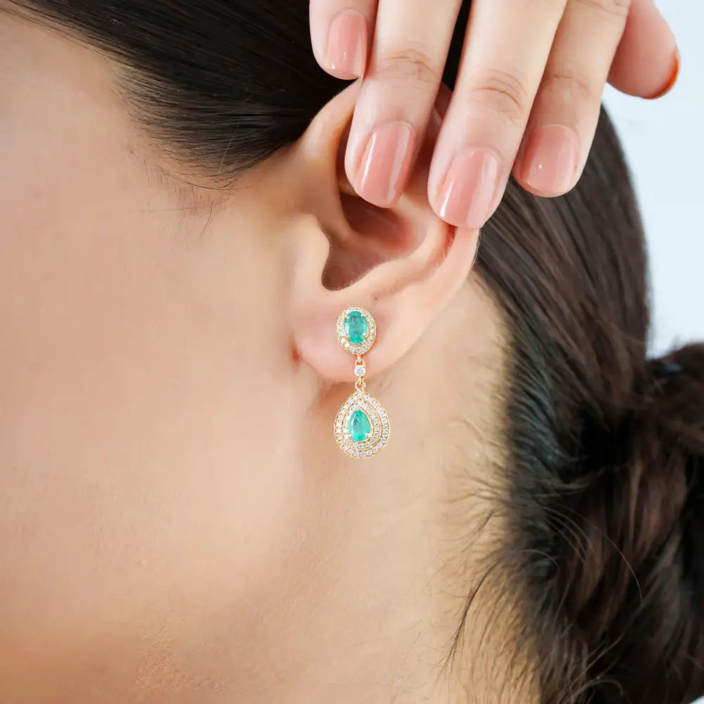 Anniversary Gift Emerald & Diamond Wedding Drop Earrings 14K Yellow Gold Fine Jewelry