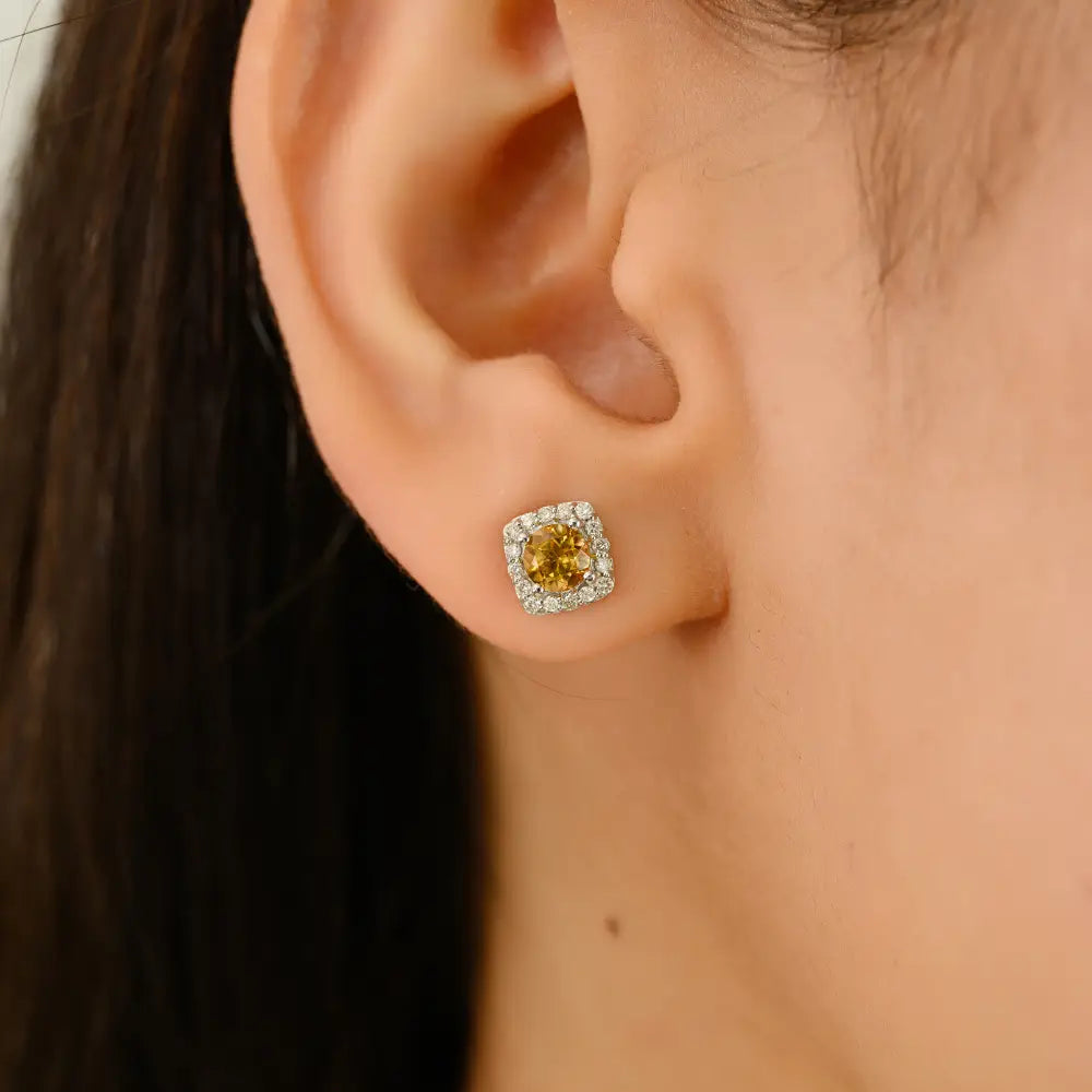 Minimal Design Citrine & Diamond Small Halo Stud Earrings Fine 14K White Gold Jewelry