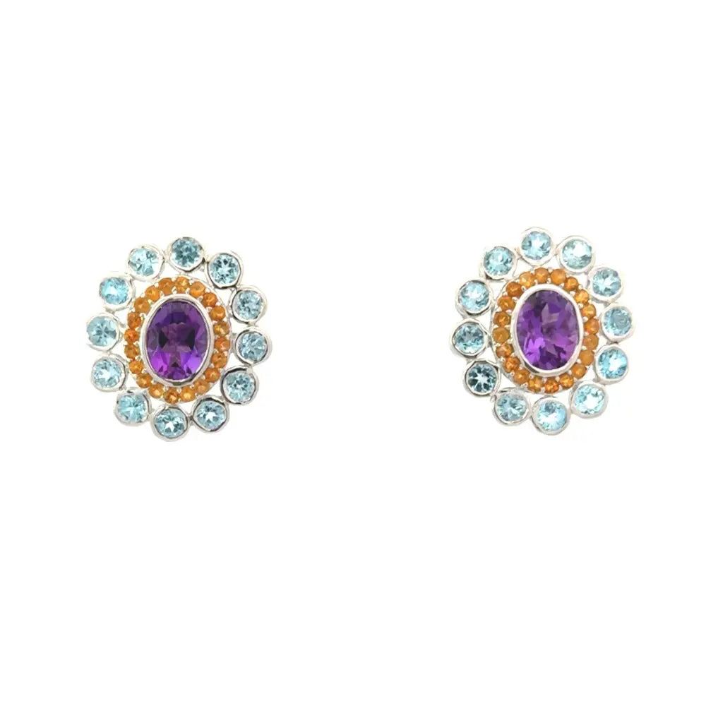 Handmade Multi Gemstone Round Statement Stud Earrings For Weddings Rhodium Plated Jewelry