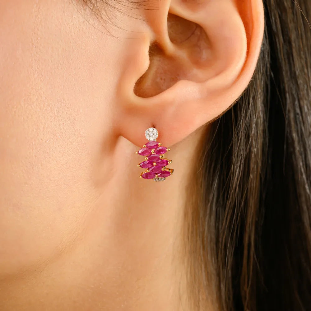 Best Quality 14K Yellow Gold Ruby & Diamond Clip-on Earrings For Women Everyday Jewelry