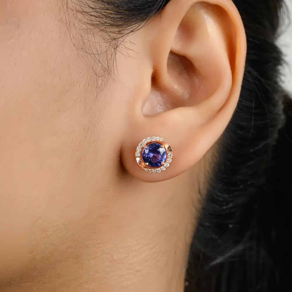 Explore Elegant & Classic Round Cut Tanzanite & Diamond Stud Earrings 18K Rose Gold
