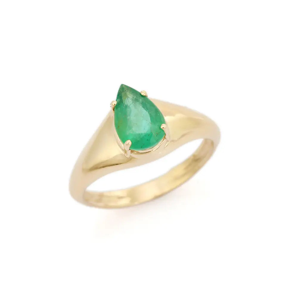 Pure K14 Yellow Gold New Trendy Zambian Emerald Dome Signet Ring Handmade Jewelry