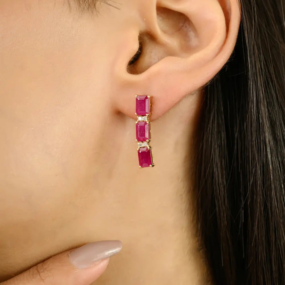 100% Authentic Ruby & Diamond 14K Yellow Gold Dangle Earrings Wedding Jewelry For Women