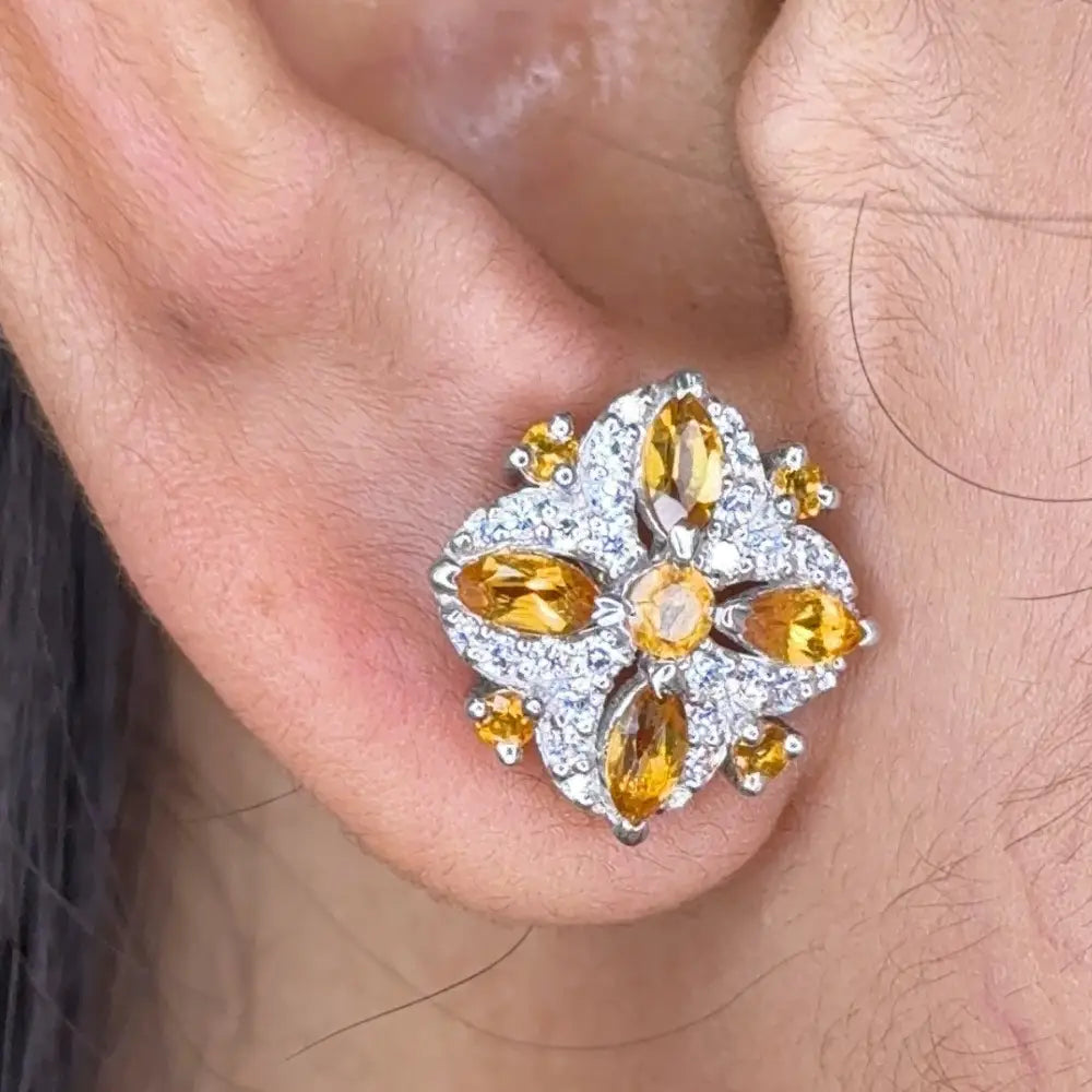 Superior Quality Natural Citrine & American Diamond Wedding Stud Earrings Exclusive Jewelry