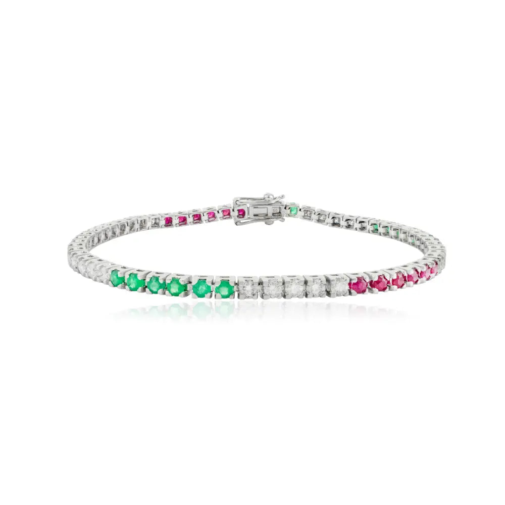 Genuine Emerald Ruby & Diamond Solid 18k White Gold Sleek Tennis Bracelet Fine Jewelry