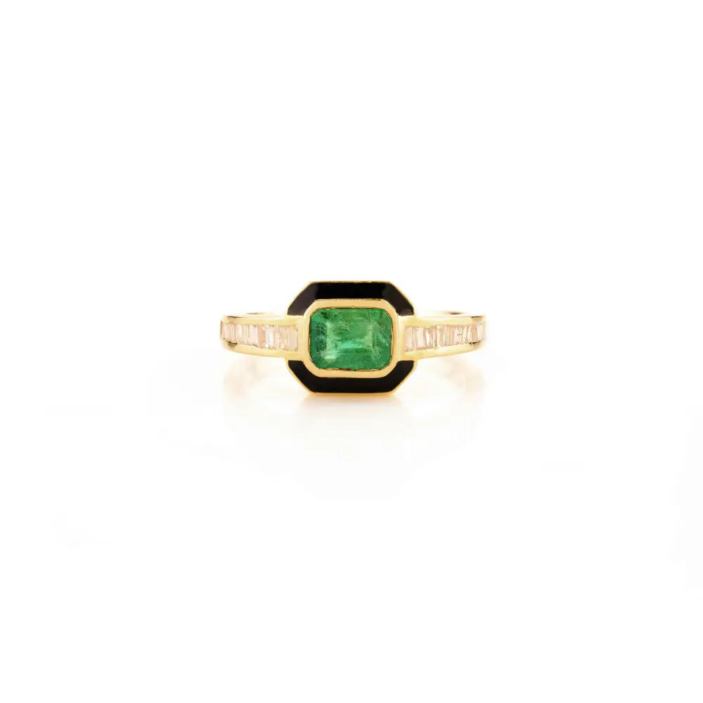 18K Yellow Gold Emerald & Diamond Statement Enamel Ring Precious Gemstone Jewelry