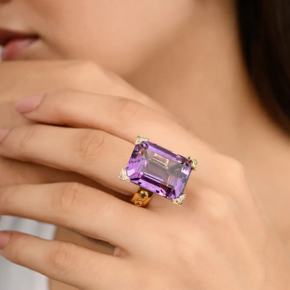 February Birthstone Genuine Amethyst & Diamond Cocktail Ring Handmade Custom Jewelry