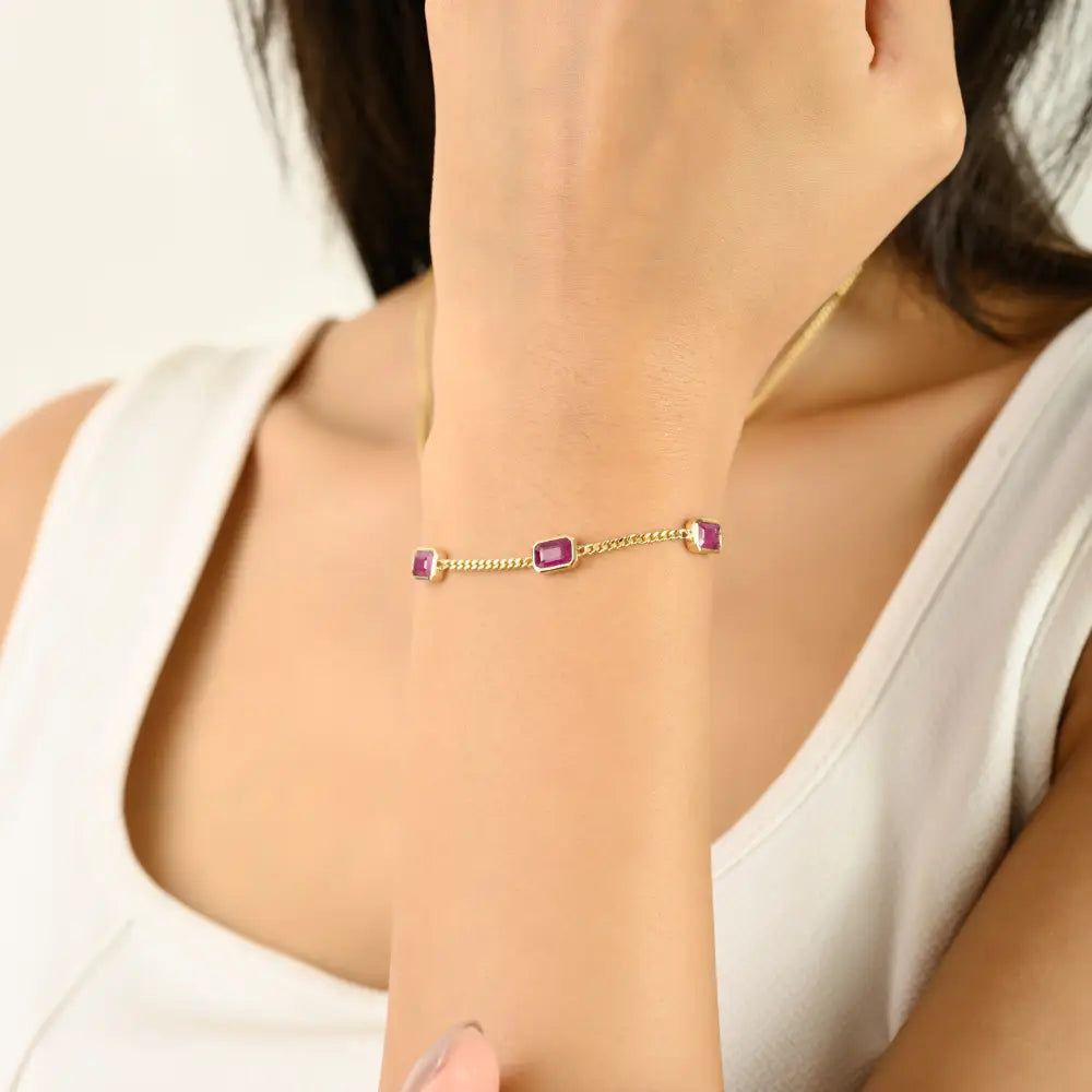 Fine Trending 100% Genuine Ruby Station Cuban Chain Bracelet For Women 14K Yellow Gold
