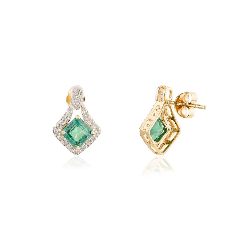 Square Cut Emerald & Round Diamond Stud Earrings K18 Yellow Gold May Birthstone