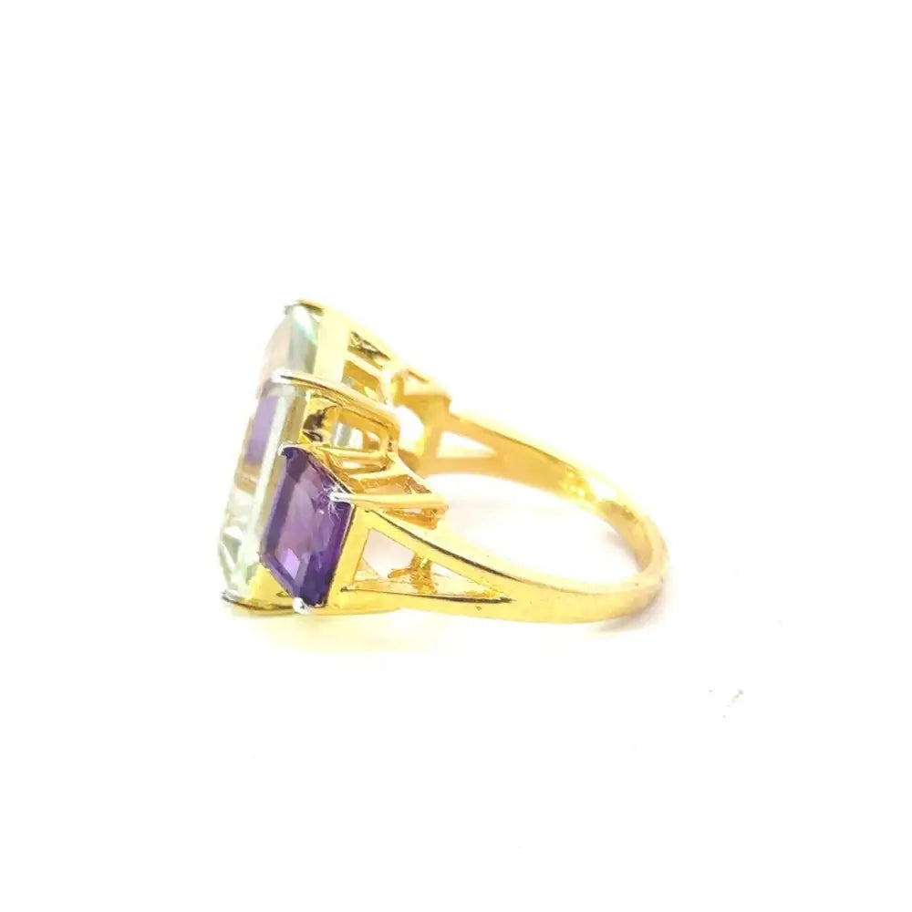 Exclusive Jewelry Handmade Green & Purple Amethyst 925 Silver Yellow Gold Plated Three Stone Ring