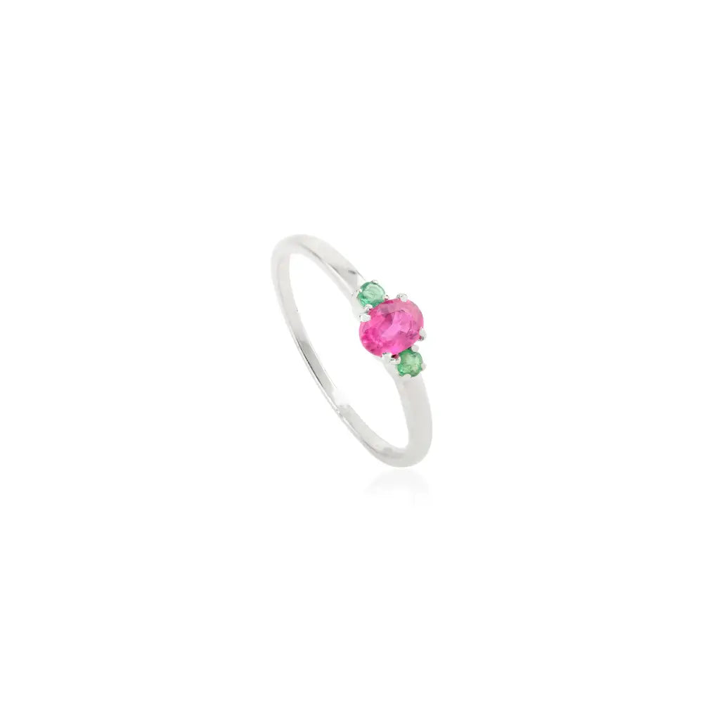 Dainty Minimalist Emerald & Ruby Real K14 White Gold Three Stone Ring Everyday Jewelry