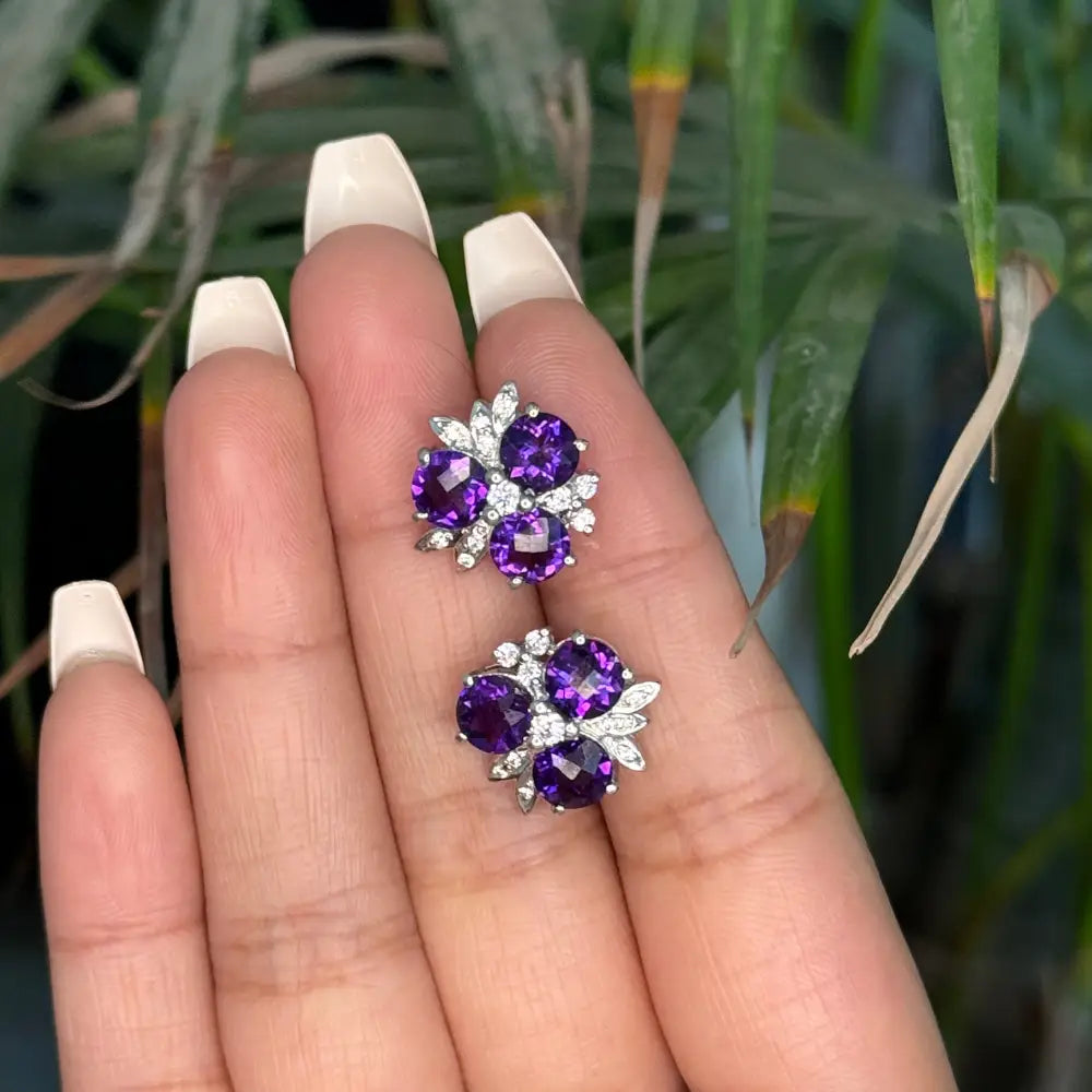 Febuary Birthstone Real Amethyst & American Diamond Minimal Stud Earrings For Daily Wear