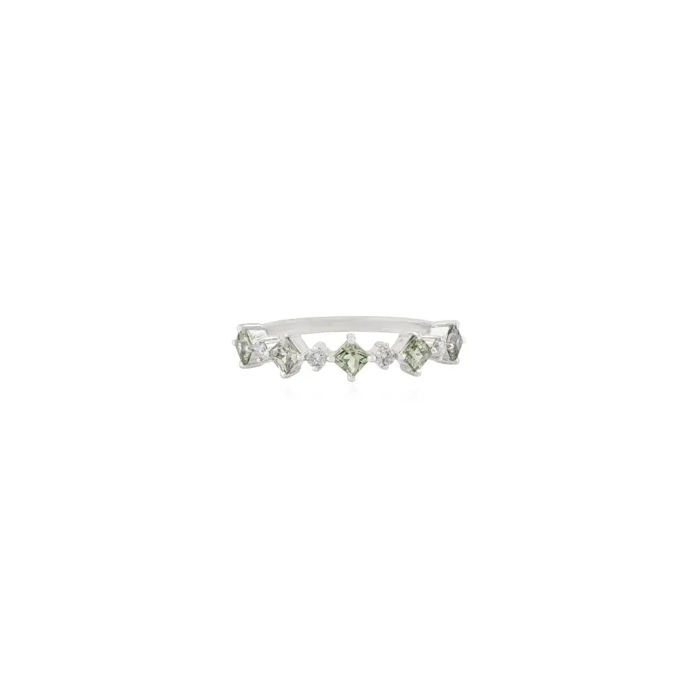 Square Shape Green Sapphire & Round Cut Diamond Stackable Half Eternity Band Ring