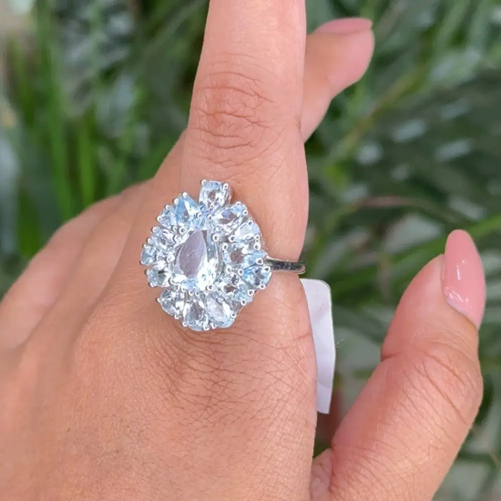 March Birthstone Real Aquamarine Cocktail Ring For Wedding Accessories Set In Prong Setting