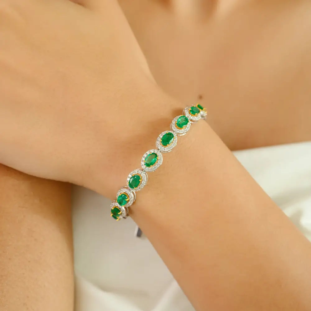 Luxurious High Quality Emerald & Diamond 18K Solid Two Tone Gold Halo Tennis Bracelet