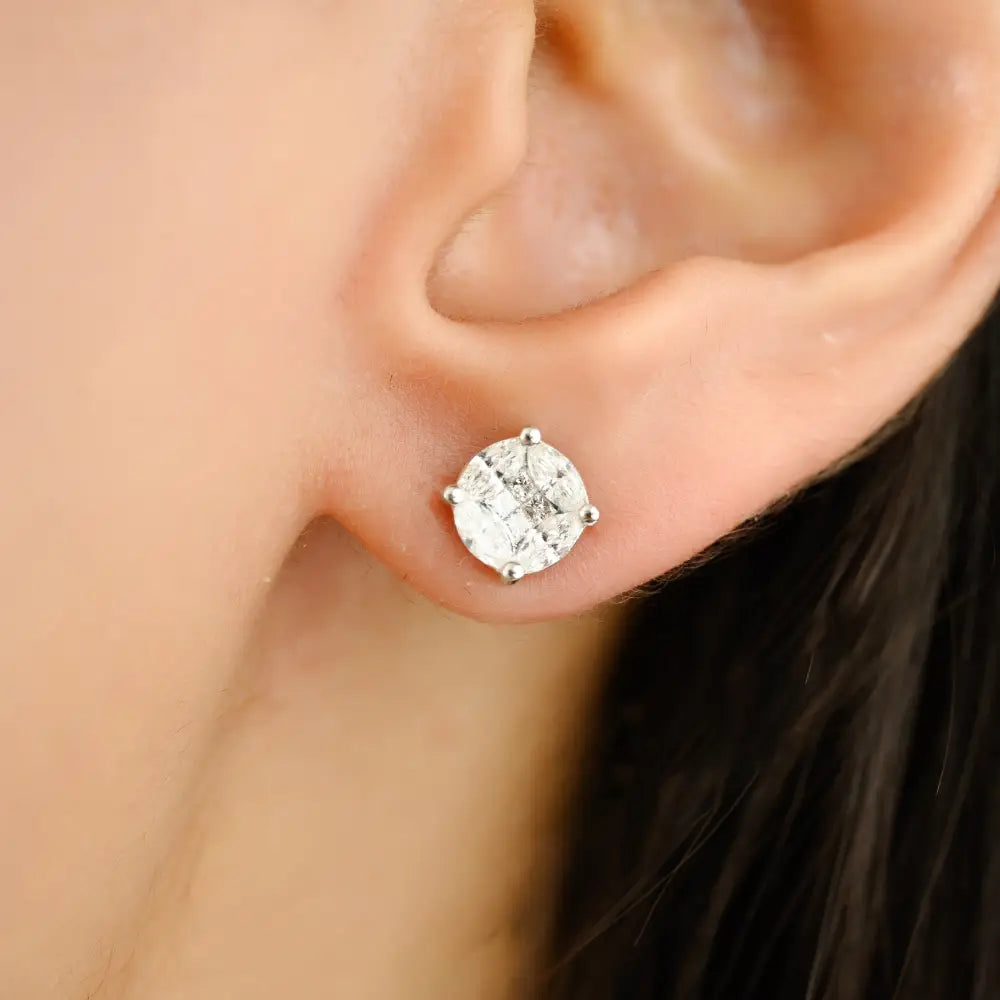 Marquise & Princess Cut Natural Diamond Solid 18K White Gold Round Stud Earrings For Women