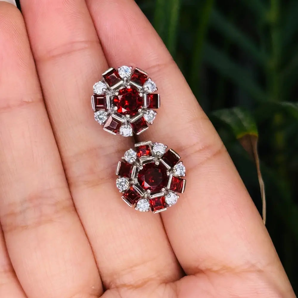 Handmade Genuine Garnet & American Diamond Minimal Round Stud Earrings Anniversary Gift
