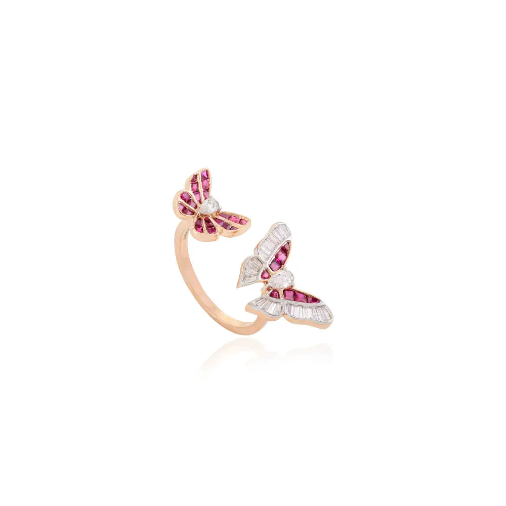 Unique Latest Design Ruby & Diamond 18K Rose Gold Twin Butterfly Open Ring For Party