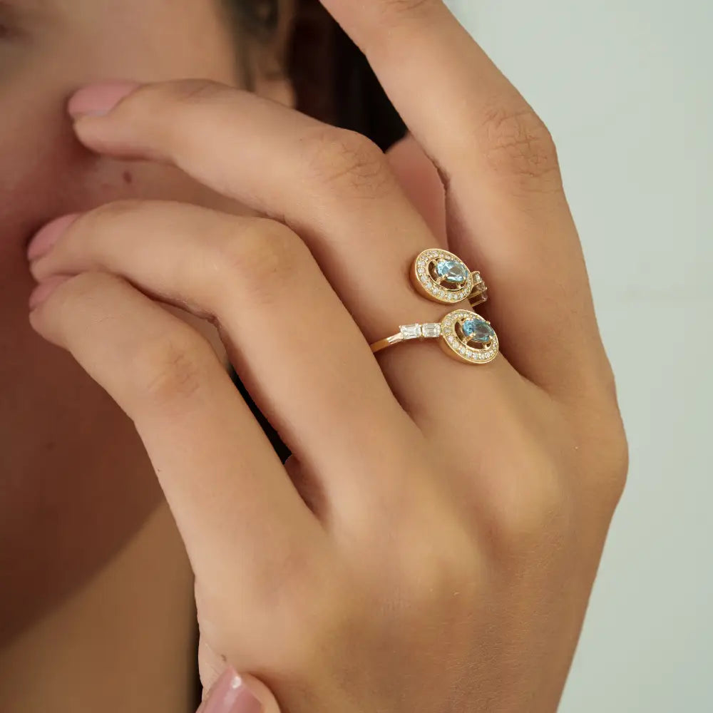 March Birthstone Aquamarine & Diamond 14K Yellow Gold Statement Bypass Ring New Jewelry