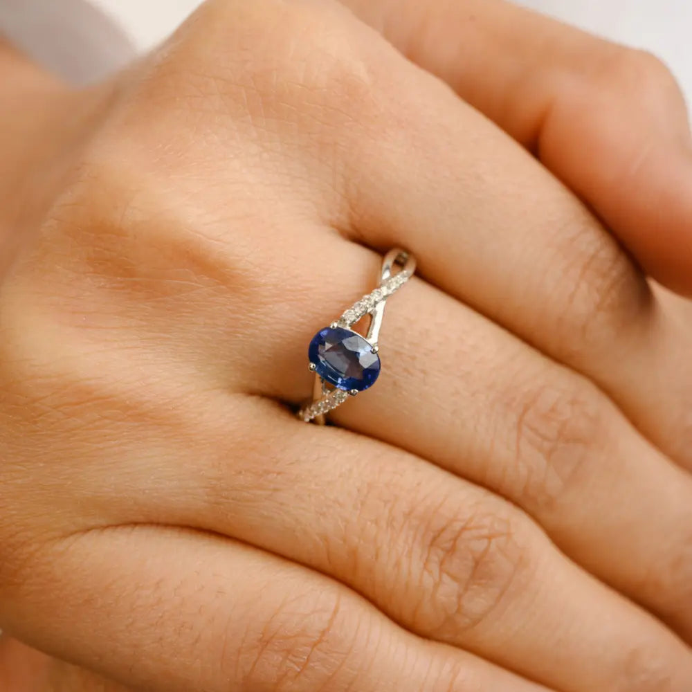 Precious Gemstone Natural Blue Sapphire & Diamond 14K White Gold Engagement Ring
