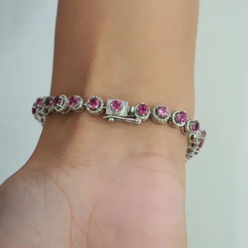 Natural Pink Tourmaline & Diamond 925 Sterling Silver Tennis Bracelet Fine Jewelry For Her