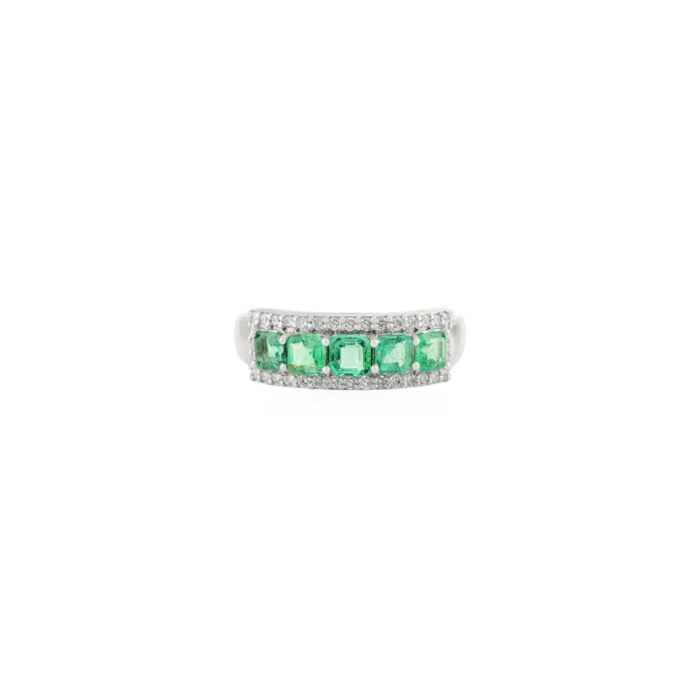 Natural Emerald & Diamond Five Stone Ring In 14K Solid White Gold Engagement Jewelry