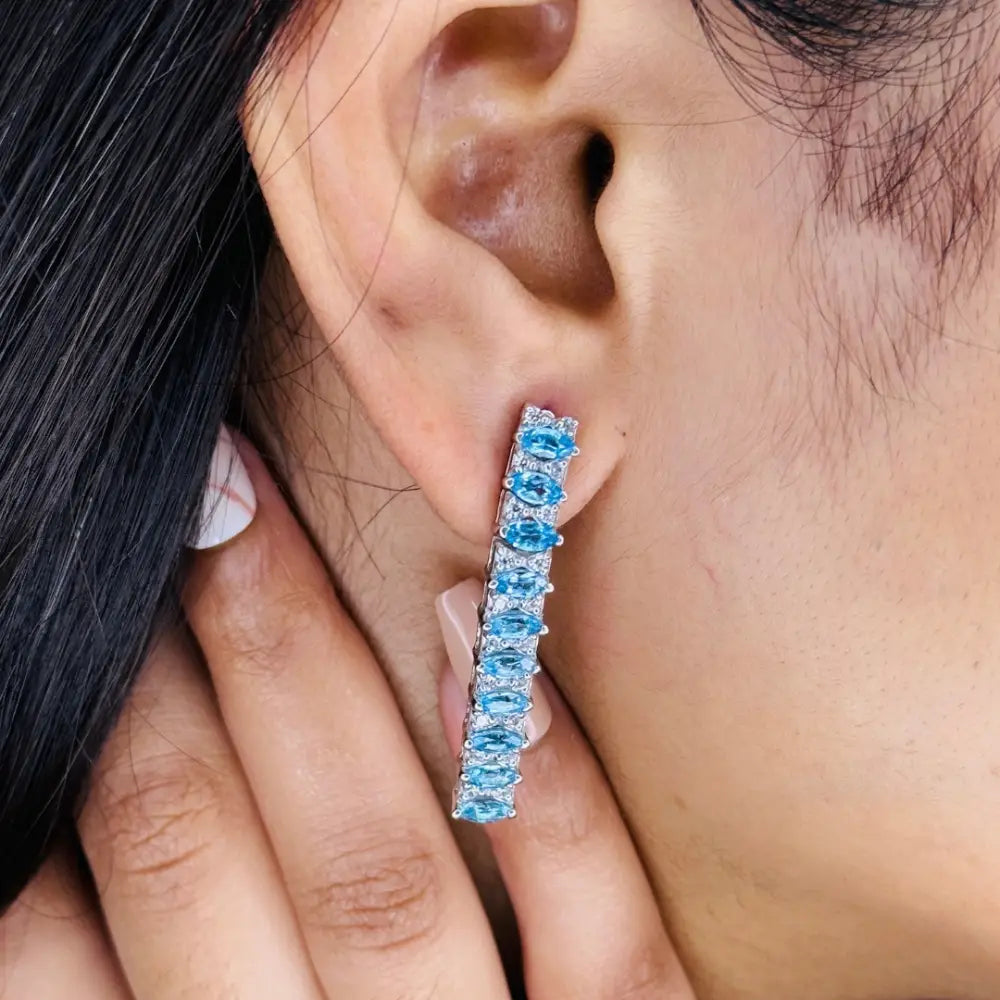 Exclusive Jewelry Blue Topaz & American Diamond Staright Dangle Earrings For Women Valentine's Day Gift
