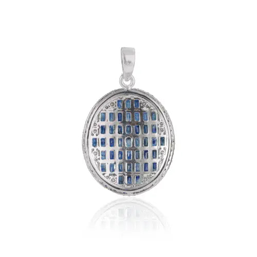 Designer 925 Sterling Silver Blue Sapphire & Diamond Oval Shape Pendant Fine Jewelry