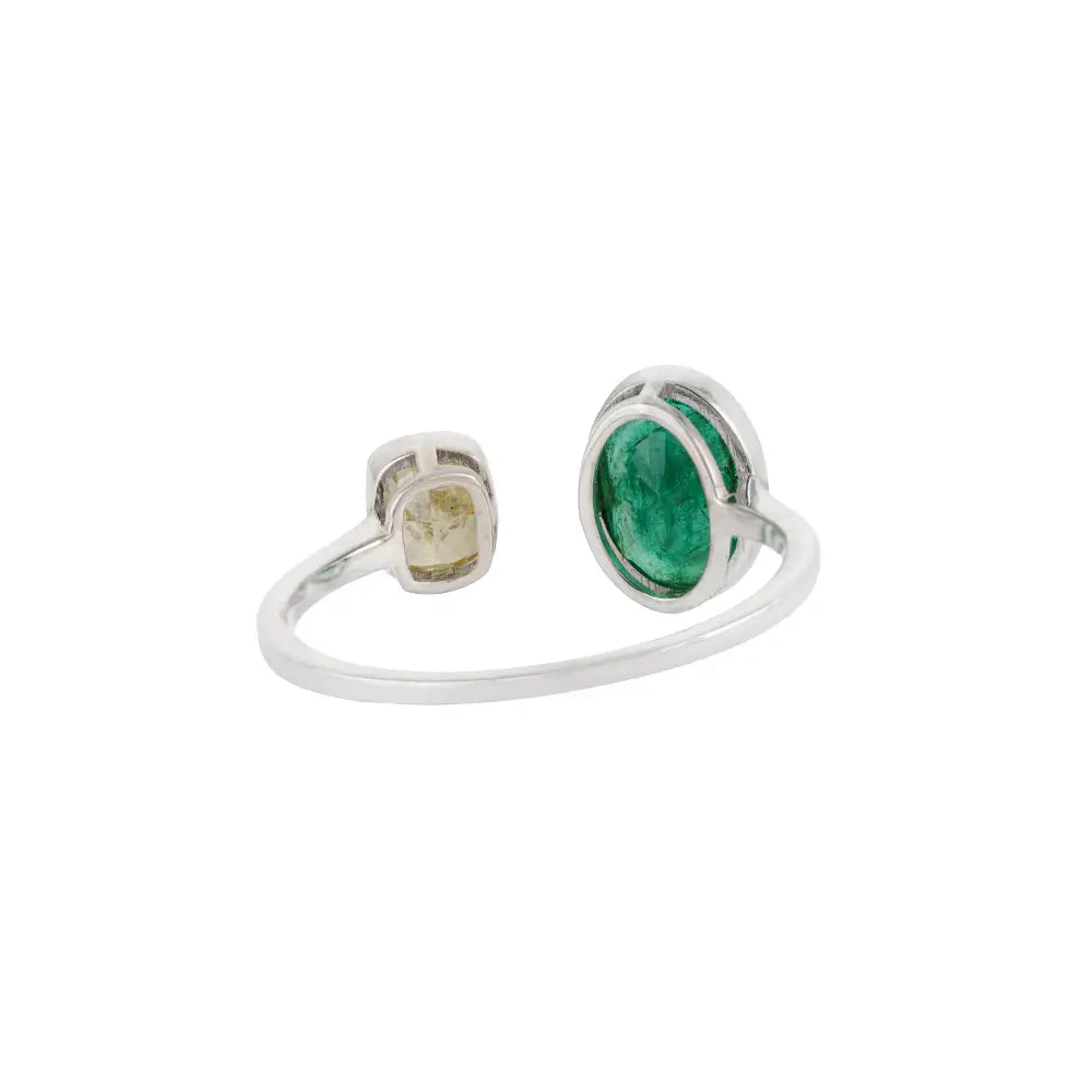 Latest Design Bezel Set Emerald & Diamond Solid K18 White Gold Open Ring Wedding Jewelry