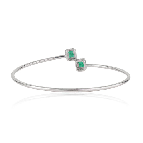 925 Silver Two Stone Natural Emerald & Diamond Halo Open Cuff Bangle For Women