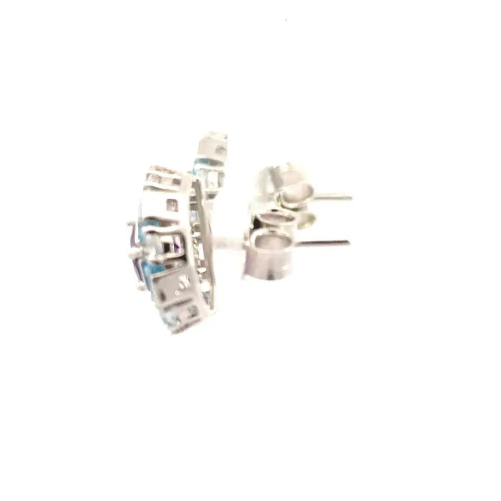 Amethyst Blue Topaz & American Diamond Solid 925 Silver Round Stud Earrings Factory Price