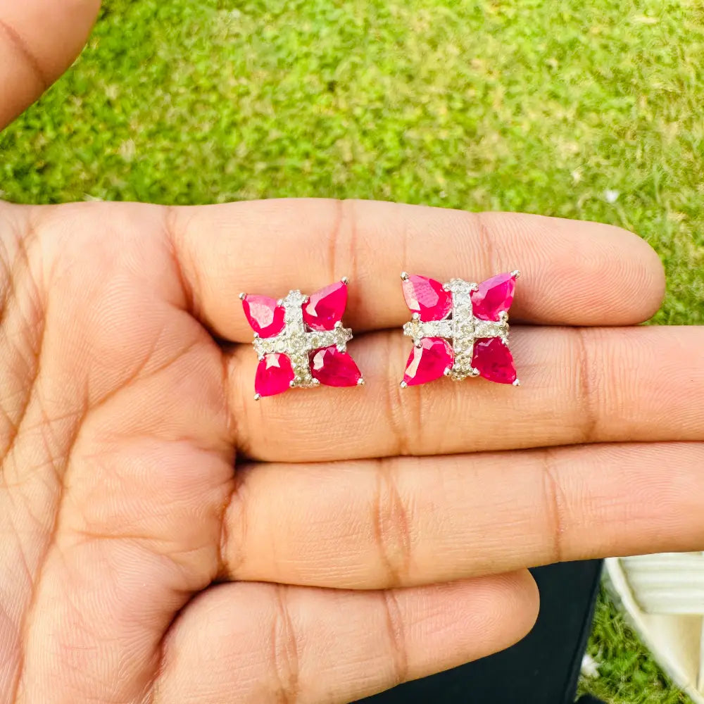 Pear Cut Ruby & Round Cut American Diamond Statement Stud Earrings Set In 925 Sterling Silver Fine Jewelry