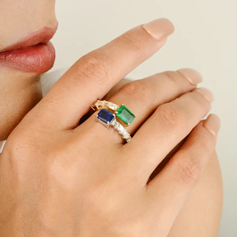 Emerald Blue Sapphire & Diamond 14K Two Tone Bypass Ring Custom Gold Jewelry Manufacturer