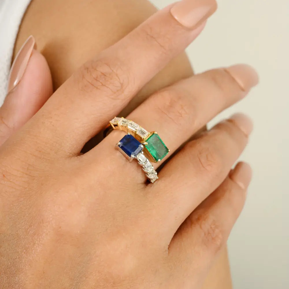 Emerald Blue Sapphire & Diamond 14K Two Tone Bypass Ring Custom Gold Jewelry Manufacturer