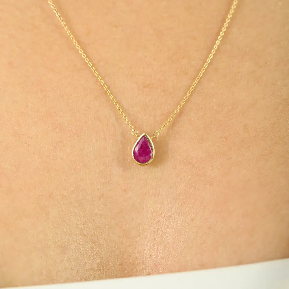 14K Solid Gold Genuine Pear Shape Ruby Single Stone Pendant Necklace Anniversary Gift
