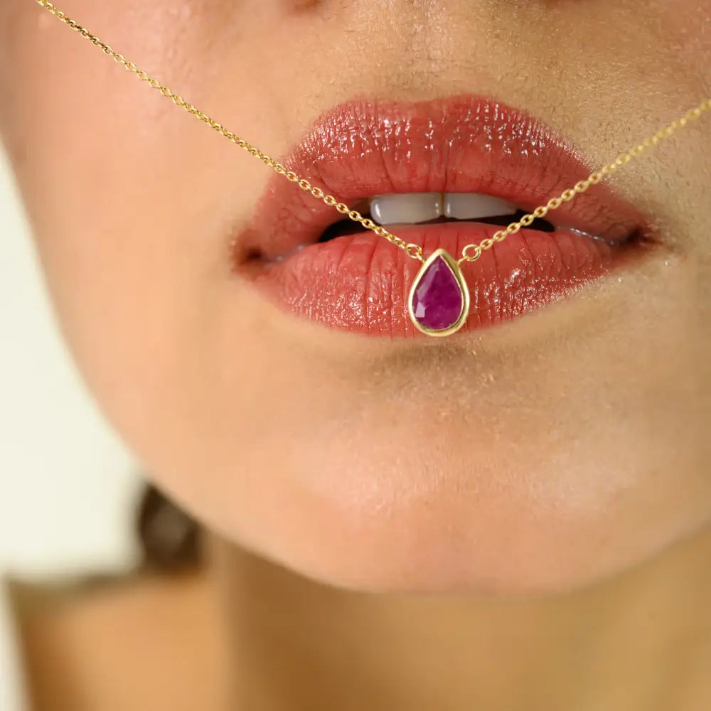 14K Solid Gold Genuine Pear Shape Ruby Single Stone Pendant Necklace Anniversary Gift