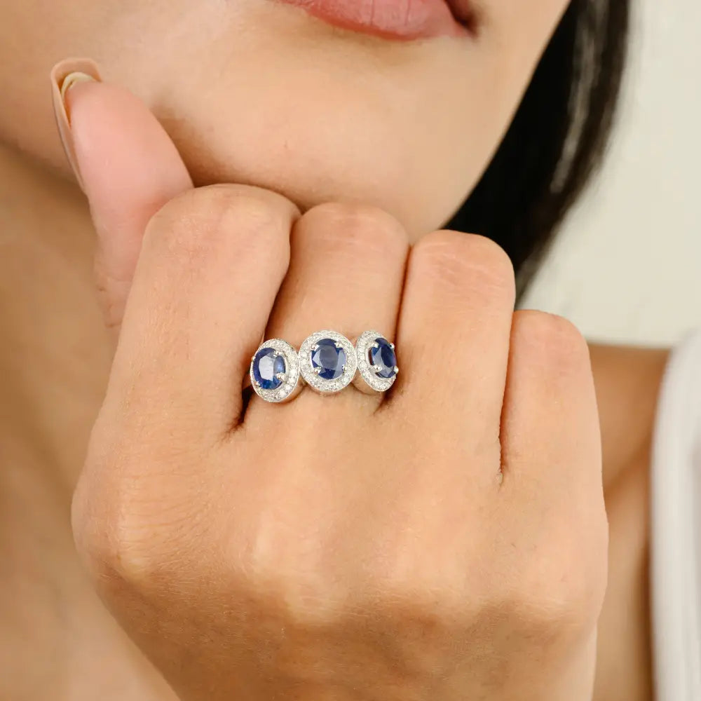 September Birthstone Genuine Blue Sapphire & Diamond Three Stone Ring Wedding Jewelry