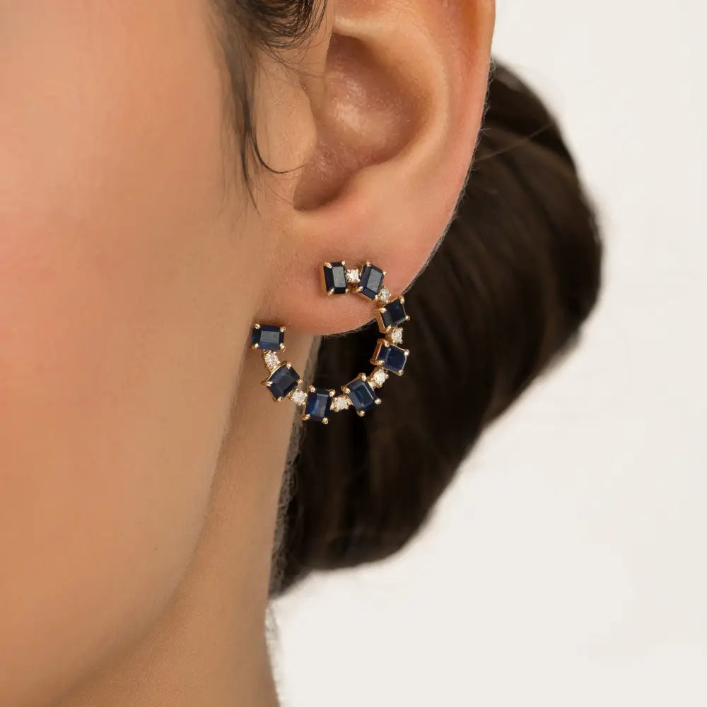 100% Natural Blue Sapphire & Diamond 14K Pure Yellow Gold Open Hoop Push Back Earrings