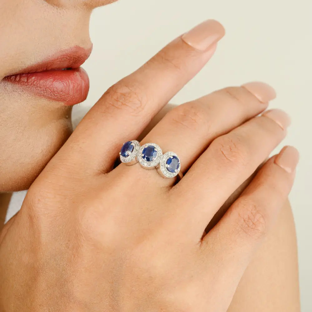 September Birthstone Genuine Blue Sapphire & Diamond Three Stone Ring Wedding Jewelry