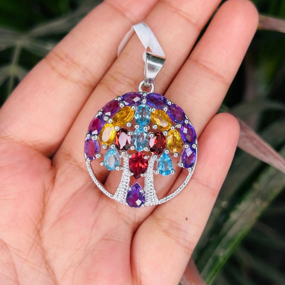 Genuine Multi Gemstone Statement Tree Of Life Pendant Birthday Gift For Her