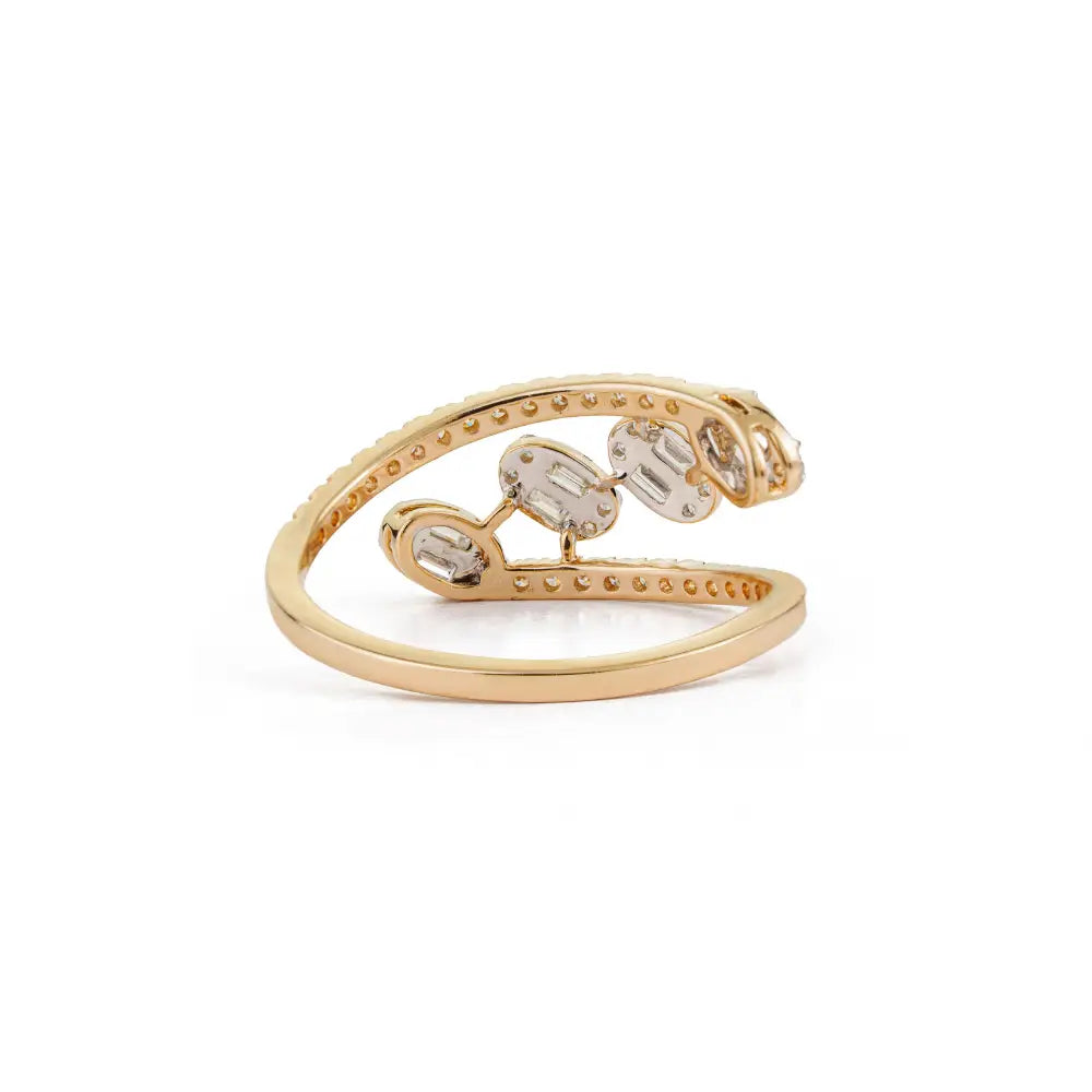 Unique Design 14K Pure Yellow Gold Genuine Diamond Bypass Style Statement Ring For Wedding