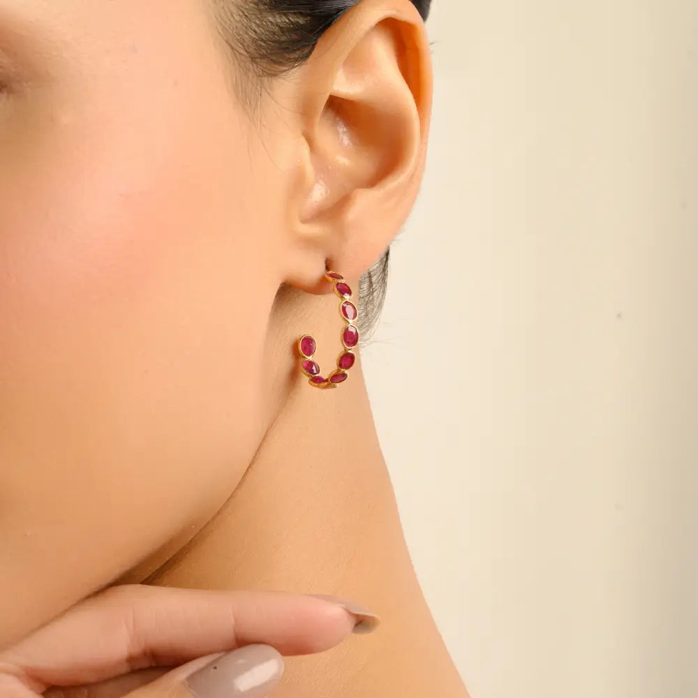 Bezel Set C Shape Hoop Earrings Featuring Ruby Gemstone 18K Real Yellow Gold Gift For Mom