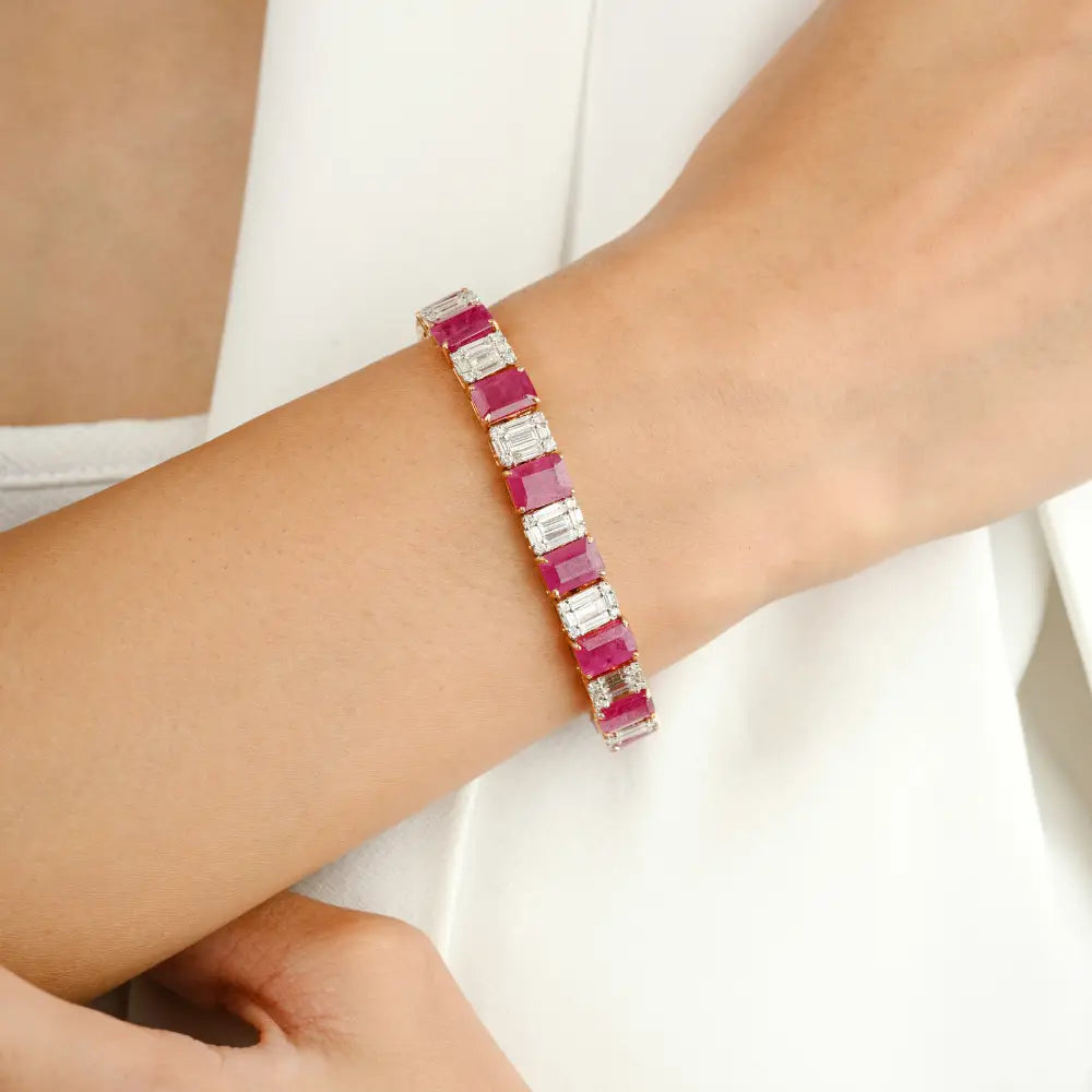 K18 Yellow Gold Genuine Ruby & Diamond Statement Tennis Bracelet Wedding Jewelry