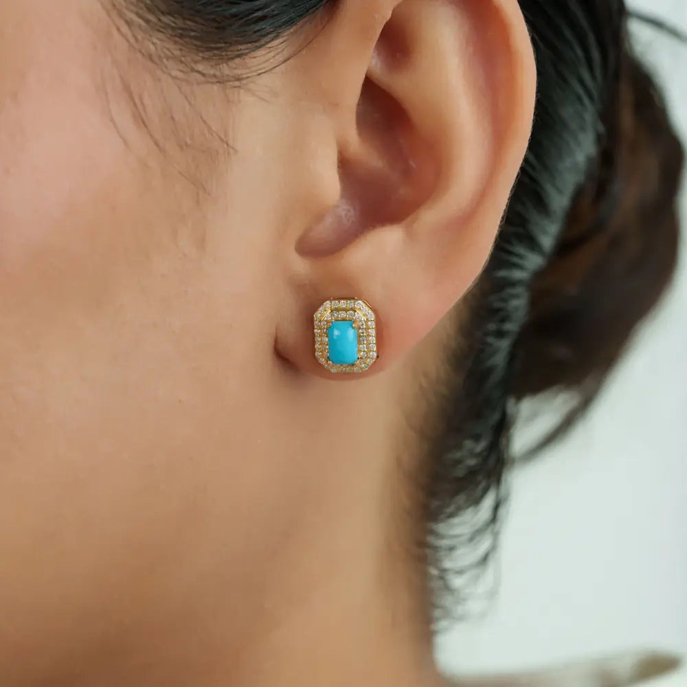 14K Yellow Gold Turquoise & Diamond Double Cluster Stud Earrings For Women Fine Jewelry