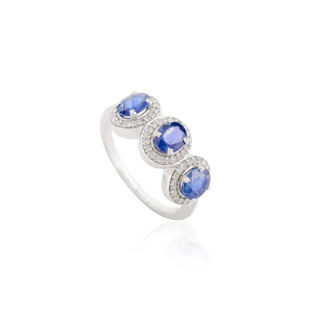 September Birthstone Genuine Blue Sapphire & Diamond Three Stone Ring Wedding Jewelry