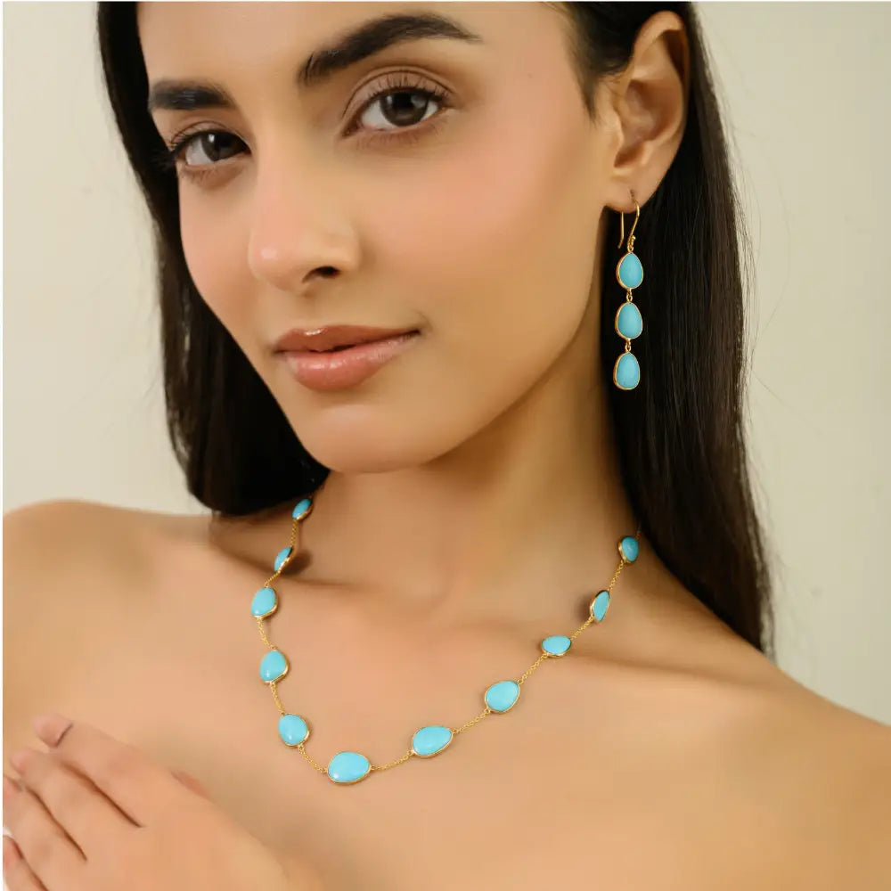 Elegant Simple Turquoise Gemstone Dangle Earrings Women K14 Yellow Gold Bulk Jewelry