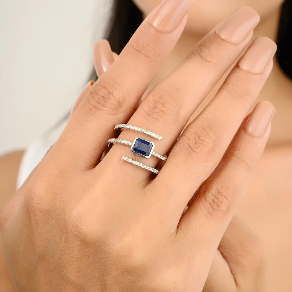Designer Natural Blue Sapphire & Diamond Wrap Spiral Ring For Wedding Statement Jewelry